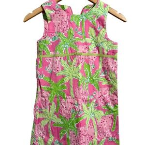Lilly Pulitzer Girls Dress SZ 6X Pink Green Palm Tree Elephant Print Sleeveless‎